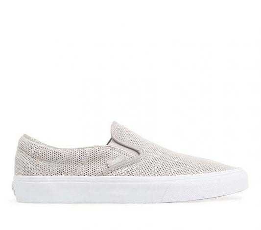 The Perforated Suede Classic Slip-On features low profile slip-on perforated suede uppers,, padded collars, elastic side accents, and signature rubber waffle outsoleVANS | CLASSIC SLIP-ON (PERFORATED SUEDE)123